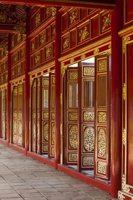 Framed Print : Vietnam, Hue, Hue Imperial City, Halls of the Mandarins, red-painted interior Framed Print : Vietnam, Hue, Hue Imperial City, Halls of the Mandarins, red-painted interior