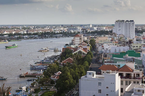 Vietnam, Mekong Delta, Can Tho, elevated view of city and Can Tho River