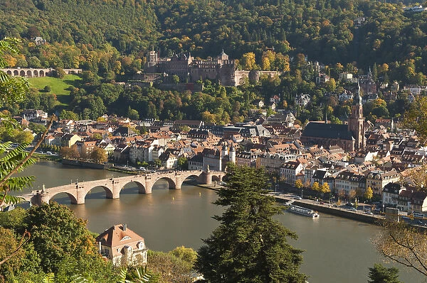 View of the Alte Brucke or Old Bridge, Neckar River Heidelberg Castle and Old Town
