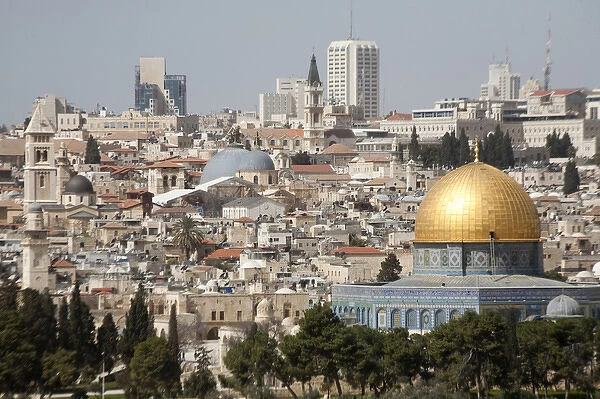 View of ancient walled city of Jerusalem with Golden Dome of the Rock and modern