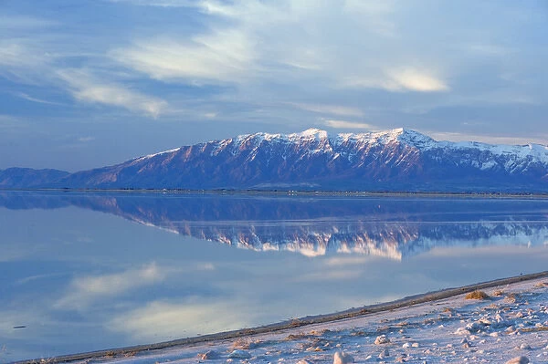 View from Antelope Island Causeway at sunset of Great Salt Lake and Northern Wasatch