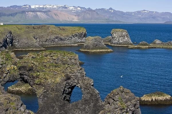 View of basaltic rock formations on the Snaefellsness peninsula near Snaefellsjokull volcano
