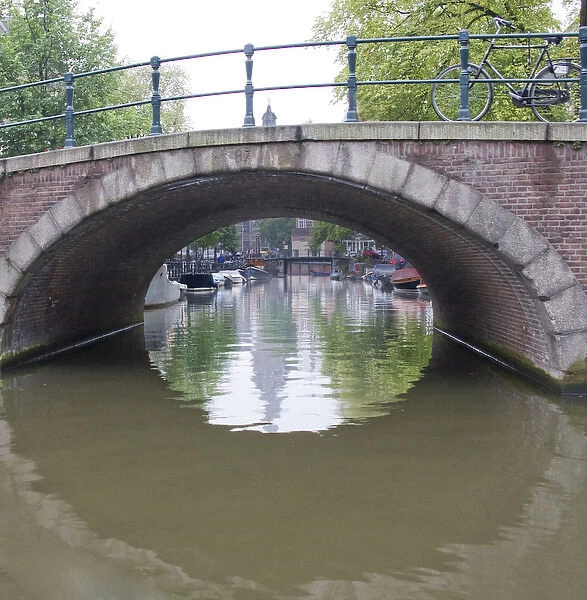 View from under a canal bridge with a circle reflection and a bike on the bridge