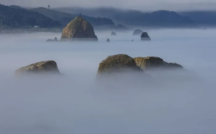 Framed Print : View of Cannon Beach with sea stacks with rising fog from Ecola State Park Framed Print : View of Cannon Beach with sea stacks with rising fog from Ecola State Park