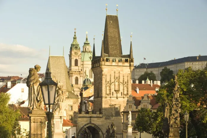 Framed Print : View from Charles Bridge (Karluv most), founded in 1357, Baroque Sculptures from the 18th Century