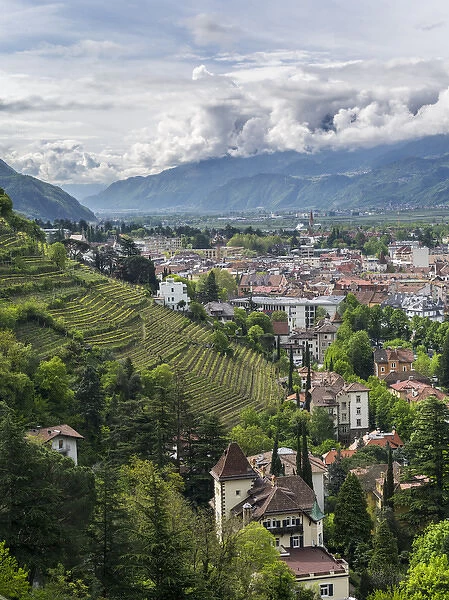 View over the city of Meran (Merano) and the Etsch Valley during spring. Europe