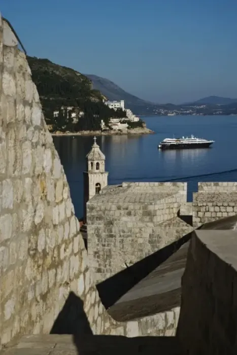 Framed Print : View of cruise ship in the Adriatic Sea docked at historic Dubrovnik, Croatia, a