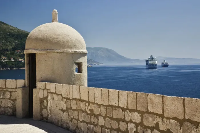 Framed Print : View of crusie ship docked in the harbor at Dubrovnik and Adriatic Sea, Croatia Framed Print : View of crusie ship docked in the harbor at Dubrovnik and Adriatic Sea, Croatia
