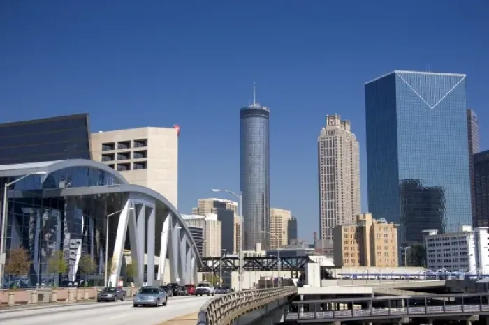 Framed Print : A view of downtown Atlanta, Georgia with Philips arena at left
