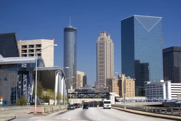 Framed Print : A view of downtown Atlanta, Georgia with Philips Arena at left
