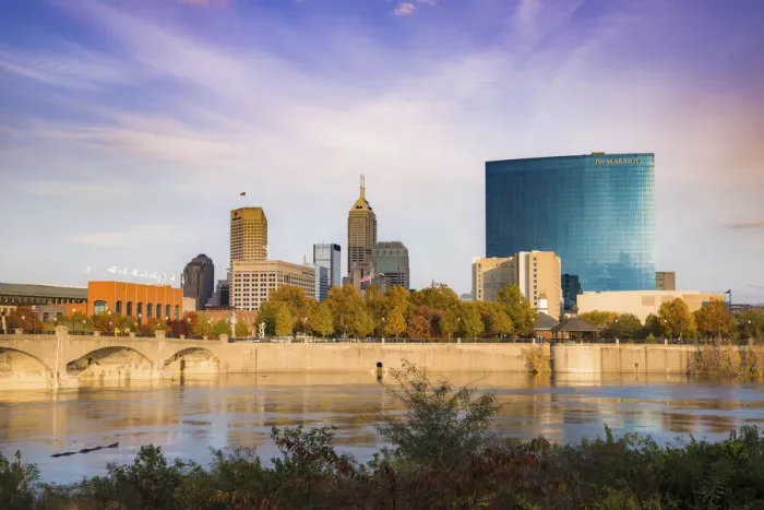 Framed Print : View of downtown from the west bank of White River, White River State Park, Indianapolis, Indiana, USA