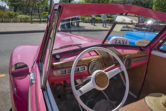 Framed Print : View into drivers seat of classic convertible pink American car parked in Vieja Framed Print : View into drivers seat of classic convertible pink American car parked in Vieja