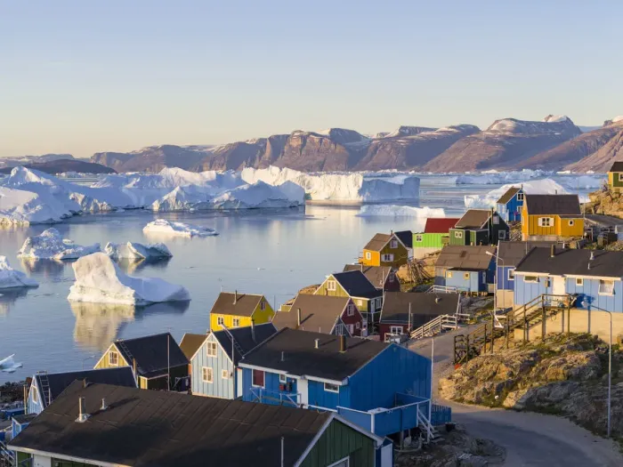 Framed Print : View of fjord full of icebergs towards Nuussuaq peninsula during midnight sun Framed Print : View of fjord full of icebergs towards Nuussuaq peninsula during midnight sun