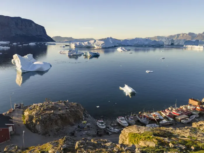 Framed Print : View of fjord full of icebergs towards Nuussuaq peninsula during midnight sun