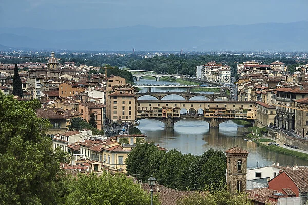 Over view of Florence, Italy with many bridges