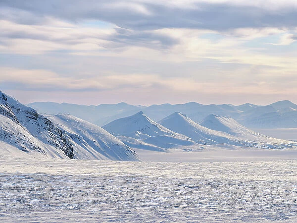 View over Fridtjovbreen. Landscape in Van Mijenfjorden National Park, (former Nordenskiold National Park), Island of Spitsbergen. Arctic region, Scandinavia, Norway, Svalbard