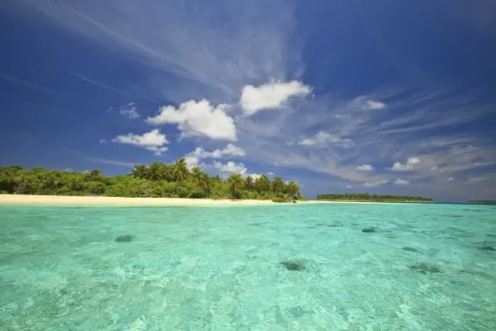 Framed Print : View of Funadoo Island from Funadovilligilli Island, North Huvadhoo Atoll, Southern Maldives