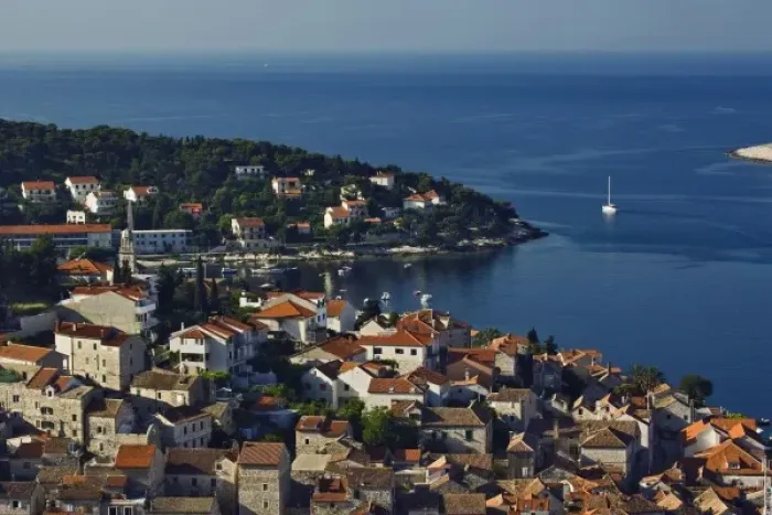 Framed Print : View of the harbor and Adriatic Sea, from Hvar Castle, Hvar Island, Croatia