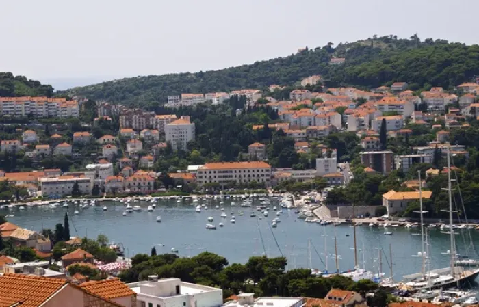 Framed Print : View over the harbour and the modern part of the city. Luka Gruz harbour. Dubrovnik, new city