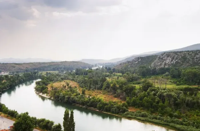 Framed Print : View from the hilltop tower over the Neretva river and the plain in the river valley