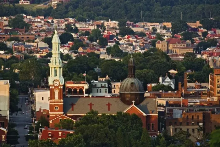 Framed Print : View of historic Covington and church steeple, Kentucky from Devou Park, Covington, Kentucky Framed Print : View of historic Covington and church steeple, Kentucky from Devou Park, Covington, Kentucky