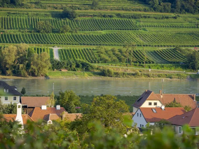 Framed Print : View over historic village Spitz towards the vineyards near Hofarnsdorf Framed Print : View over historic village Spitz towards the vineyards near Hofarnsdorf