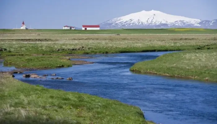 Framed Print : View of Icelandic farm, with Snaefellsjokull volcano in the distance