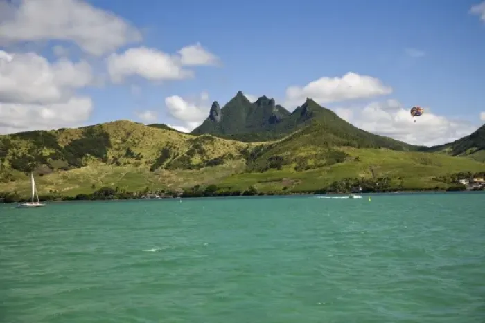 Framed Print : View of impressive Lion Mountain 480 meters in South East Mauritius, Africa