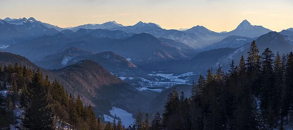 View towards Jachenau, Mt. Jochberg and Mt. Guffert. View from Mt