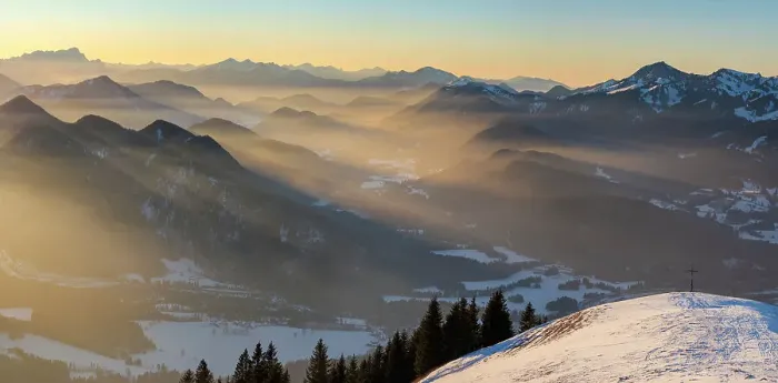 Framed Print : View towards Jachenau and Zugspitze. View from mount Schoenberg near Lenggries in the Bavarian alps during winter. Germany, Bavaria