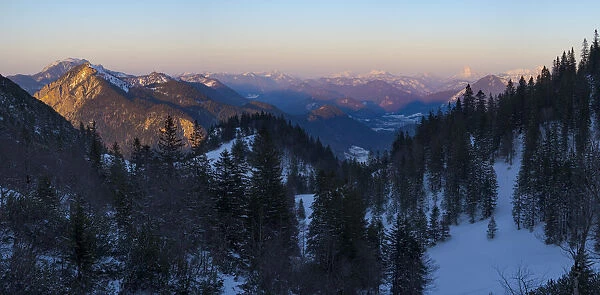 View towards Karwendel Mountains, Mt. Jochberg and Mt. Benediktenwand. View from Mt