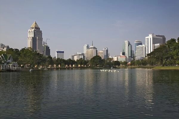 View of lake and buildings, Bangkok, Thailand
