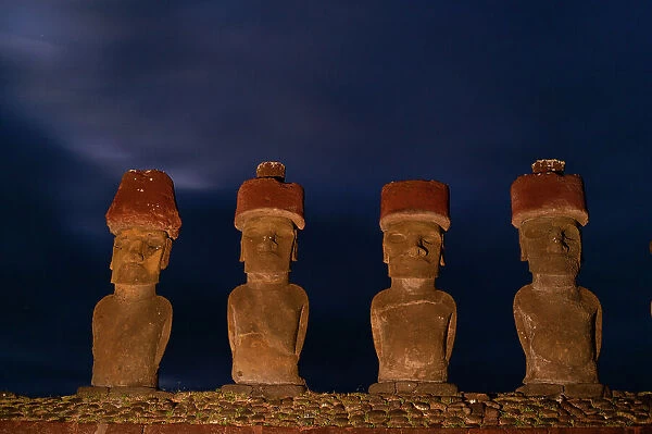 A view of the Moai of Anakena at night. Rapa Nui, Easter island, Chile