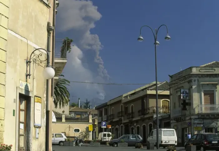 Framed Print : 04. View of Mt. Etna erupting from Nicolosi, Sicily, Italy