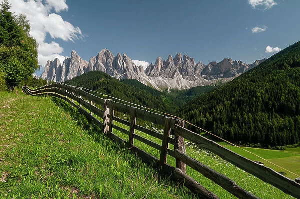 A view of Odle Group mountain from the Funes valley. Funes, Trentino Alto Adige, Italy