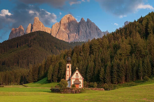 A view of Odle Group mountain and Saint Johann Church. Funes, Trentino Alto Adige, Italy