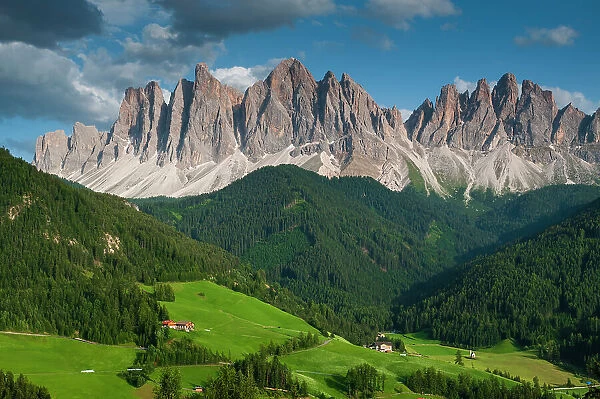 A view of Odle Group mountain and the valley below. Funes, Trentino Alto Adige, Italy