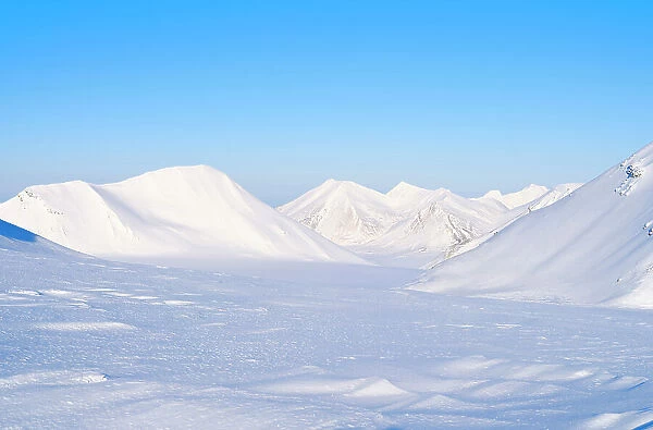 View towards Orustdalen. Landscape in Van Mijenfjorden National Park, (former Nordenskiold National Park), Island of Spitsbergen. Arctic region, Scandinavia, Norway, Svalbard