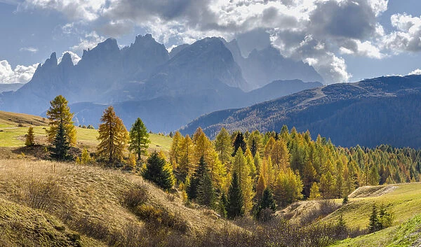 View towards Pale di San Martino, Focobon mountain range, in the Dolomites of Trentino