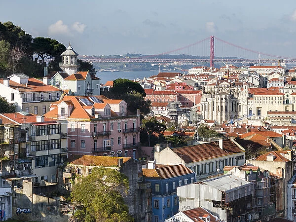View over the quarters Baixa and Bairro Alto towards river Tagus (Rio Tejo). Lisbon