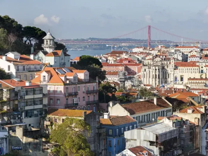 Framed Print : View over the quarters Baixa and Bairro Alto towards river Tagus (Rio Tejo). Lisbon
