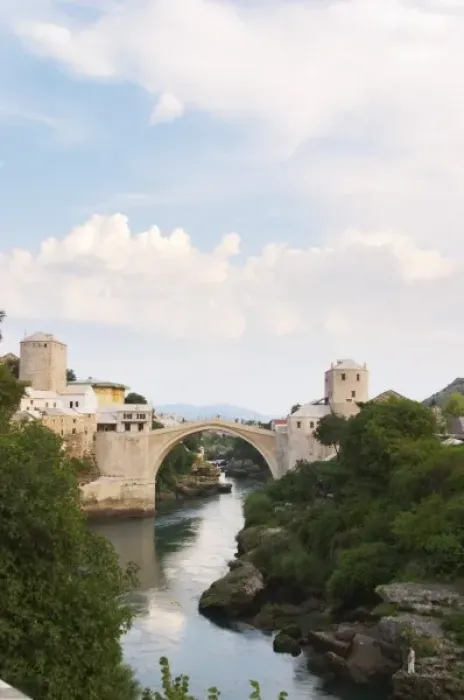 Framed Print : View along the river of the old reconstructed bridge. Historic town of Mostar. Federation Framed Print : View along the river of the old reconstructed bridge. Historic town of Mostar. Federation