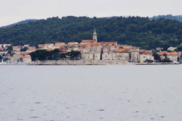 Framed Print : View across the sea on the town of Korcula on the island of the same name where Marco