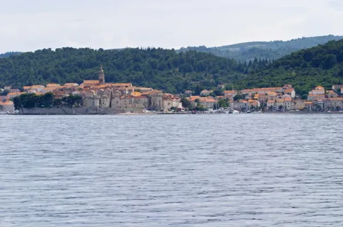 Framed Print : View across the sea on the town of Korcula on the island of the same name where Marco