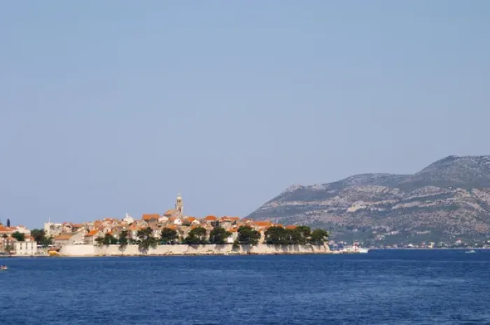 Framed Print : View across the sea on the town of Korcula on the island of the same name where Marco Framed Print : View across the sea on the town of Korcula on the island of the same name where Marco