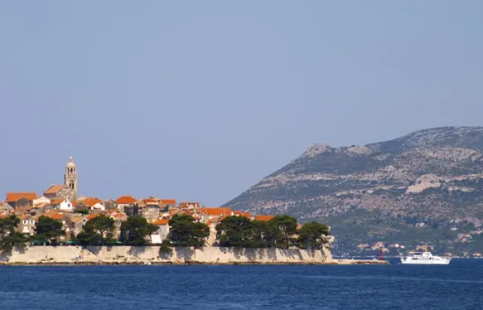 Framed Print : View across the sea on the town of Korcula on the island of the same name where Marco Framed Print : View across the sea on the town of Korcula on the island of the same name where Marco