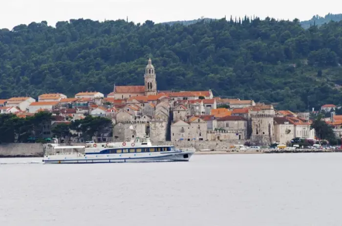 Framed Print : View across the sea on the town of Korcula on the island of the same name where Marco Polo was born