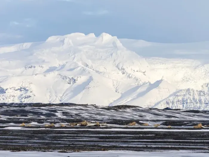 Framed Print : View over the Skeitherarsandur during winter towards snow capped volcano Vatnojoekull