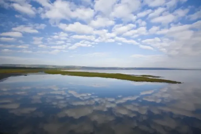 Framed Print : View of sky and clouds reflected in the waters of Lake Nakuru, Kenya as lesser flamingoes Framed Print : View of sky and clouds reflected in the waters of Lake Nakuru, Kenya as lesser flamingoes