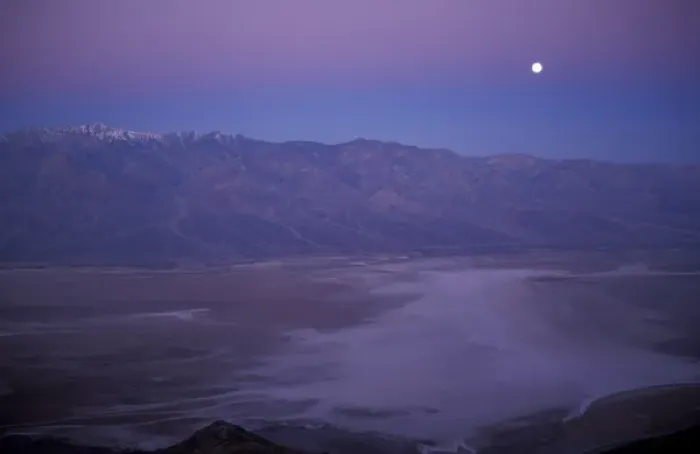 Framed Print : View of snow on Telescope Peak in Death Valley at sunrise with full moon descending Framed Print : View of snow on Telescope Peak in Death Valley at sunrise with full moon descending